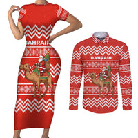 Bahrain Christmas Couples Matching Short Sleeve Bodycon Dress and Long Sleeve Button Shirt with Santa Riding Camel Red Geometric Pattern and Festive Design - Wonder Print Shop