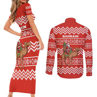 Bahrain Christmas Couples Matching Short Sleeve Bodycon Dress and Long Sleeve Button Shirt with Santa Riding Camel Red Geometric Pattern and Festive Design - Wonder Print Shop