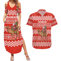 Bahrain Christmas Couples Matching Summer Maxi Dress and Hawaiian Shirt with Santa Riding Camel Red Geometric Pattern and Festive Design - Wonder Print Shop