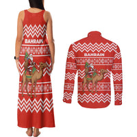 Bahrain Christmas Couples Matching Tank Maxi Dress and Long Sleeve Button Shirt with Santa Riding Camel Red Geometric Pattern and Festive Design - Wonder Print Shop