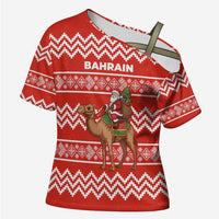 Bahrain Christmas Cross Shoulder Shirt with Santa Riding Camel Red Geometric Pattern and Festive Design - Wonder Print Shop