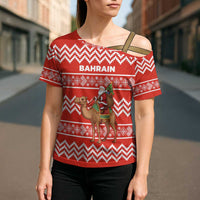 Bahrain Christmas Cross Shoulder Shirt with Santa Riding Camel Red Geometric Pattern and Festive Design - Wonder Print Shop