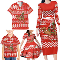 Bahrain Christmas Family Matching Long Sleeve Bodycon Dress and Hawaiian Shirt with Santa Riding Camel Red Geometric Pattern and Festive Design - Wonder Print Shop