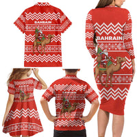 Bahrain Christmas Family Matching Long Sleeve Bodycon Dress and Hawaiian Shirt with Santa Riding Camel Red Geometric Pattern and Festive Design - Wonder Print Shop
