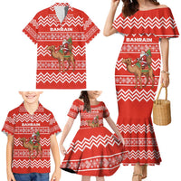 Bahrain Christmas Family Matching Mermaid Dress and Hawaiian Shirt with Santa Riding Camel Red Geometric Pattern and Festive Design - Wonder Print Shop