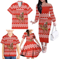 Bahrain Christmas Family Matching Off The Shoulder Long Sleeve Dress and Hawaiian Shirt with Santa Riding Camel Red Geometric Pattern and Festive Design - Wonder Print Shop