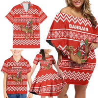 Bahrain Christmas Family Matching Off Shoulder Short Dress and Hawaiian Shirt with Santa Riding Camel Red Geometric Pattern and Festive Design - Wonder Print Shop