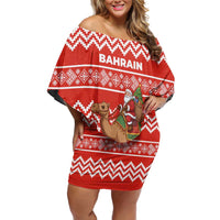 Bahrain Christmas Family Matching Off Shoulder Short Dress and Hawaiian Shirt with Santa Riding Camel Red Geometric Pattern and Festive Design - Wonder Print Shop