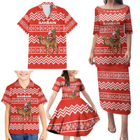 Bahrain Christmas Family Matching Puletasi and Hawaiian Shirt with Santa Riding Camel Red Geometric Pattern and Festive Design - Wonder Print Shop