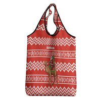 Bahrain Christmas Grocery Bag with Santa Riding Camel Red Geometric Pattern and Festive Design - Wonder Print Shop