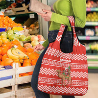 Bahrain Christmas Grocery Bag with Santa Riding Camel Red Geometric Pattern and Festive Design - Wonder Print Shop