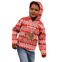 Bahrain Christmas Kid Hoodie with Santa Riding Camel Red Geometric Pattern and Festive Design - Wonder Print Shop