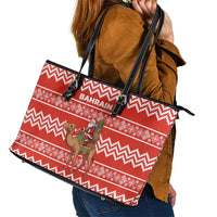 Bahrain Christmas Leather Tote Bag with Santa Riding Camel Red Geometric Pattern and Festive Design - Wonder Print Shop
