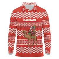Bahrain Christmas Long Sleeve Polo Shirt with Santa Riding Camel Red Geometric Pattern and Festive Design - Wonder Print Shop