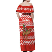 Bahrain Christmas Off Shoulder Maxi Dress with Santa Riding Camel Red Geometric Pattern and Festive Design - Wonder Print Shop