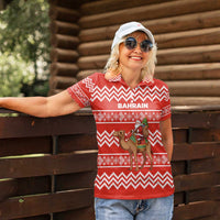 Bahrain Christmas Women Polo Shirt with Santa Riding Camel Red Geometric Pattern and Festive Design - Wonder Print Shop