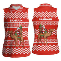 Bahrain Christmas Women Sleeveless Polo Shirt with Santa Riding Camel Red Geometric Pattern and Festive Design - Wonder Print Shop