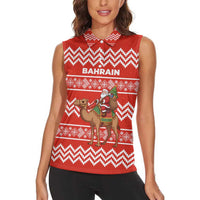 Bahrain Christmas Women Sleeveless Polo Shirt with Santa Riding Camel Red Geometric Pattern and Festive Design - Wonder Print Shop