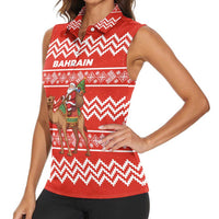 Bahrain Christmas Women Sleeveless Polo Shirt with Santa Riding Camel Red Geometric Pattern and Festive Design - Wonder Print Shop