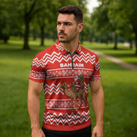 Bahrain Christmas Zipper Polo Shirt with Santa Riding Camel Red Geometric Pattern and Festive Design - Wonder Print Shop