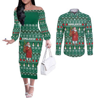 Bangladesh Christmas Couples Matching Off The Shoulder Long Sleeve Dress and Long Sleeve Button Shirt with Santa Claus in Traditional Outfit Snowman and Tree Pattern - Wonder Print Shop