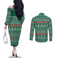 Bangladesh Christmas Couples Matching Off The Shoulder Long Sleeve Dress and Long Sleeve Button Shirt with Santa Claus in Traditional Outfit Snowman and Tree Pattern - Wonder Print Shop