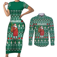 Bangladesh Christmas Couples Matching Short Sleeve Bodycon Dress and Long Sleeve Button Shirt with Santa Claus in Traditional Outfit Snowman and Tree Pattern - Wonder Print Shop