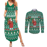 Bangladesh Christmas Couples Matching Summer Maxi Dress and Long Sleeve Button Shirt with Santa Claus in Traditional Outfit Snowman and Tree Pattern - Wonder Print Shop