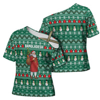 Bangladesh Christmas Cross Shoulder Shirt with Santa Claus in Traditional Outfit Snowman and Tree Pattern - Wonder Print Shop