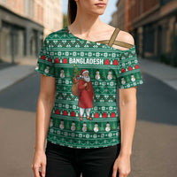 Bangladesh Christmas Cross Shoulder Shirt with Santa Claus in Traditional Outfit Snowman and Tree Pattern - Wonder Print Shop