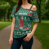 Bangladesh Christmas Cross Shoulder Shirt with Santa Claus in Traditional Outfit Snowman and Tree Pattern - Wonder Print Shop