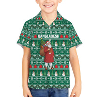 Bangladesh Christmas Family Matching Off The Shoulder Long Sleeve Dress and Hawaiian Shirt with Santa Claus in Traditional Outfit Snowman and Tree Pattern - Wonder Print Shop