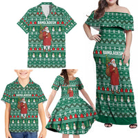 Bangladesh Christmas Family Matching Off Shoulder Maxi Dress and Hawaiian Shirt with Santa Claus in Traditional Outfit Snowman and Tree Pattern - Wonder Print Shop
