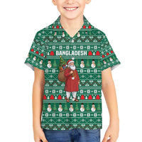 Bangladesh Christmas Hawaiian Shirt with Santa Claus in Traditional Outfit Snowman and Tree Pattern - Wonder Print Shop