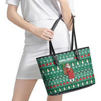 Bangladesh Christmas Leather Tote Bag with Santa Claus in Traditional Outfit Snowman and Tree Pattern - Wonder Print Shop