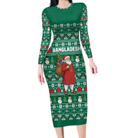 Bangladesh Christmas Long Sleeve Bodycon Dress with Santa Claus in Traditional Outfit Snowman and Tree Pattern - Wonder Print Shop