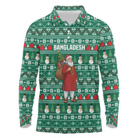 Bangladesh Christmas Long Sleeve Polo Shirt with Santa Claus in Traditional Outfit Snowman and Tree Pattern - Wonder Print Shop