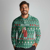 Bangladesh Christmas Long Sleeve Polo Shirt with Santa Claus in Traditional Outfit Snowman and Tree Pattern - Wonder Print Shop