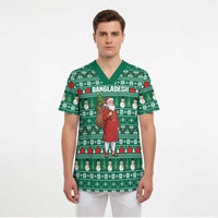 Bangladesh Christmas Scrub Top with Santa Claus in Traditional Outfit Snowman and Tree Pattern - Wonder Print Shop