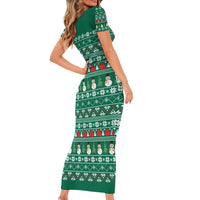 Bangladesh Christmas Short Sleeve Bodycon Dress with Santa Claus in Traditional Outfit Snowman and Tree Pattern - Wonder Print Shop