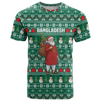 Bangladesh Christmas T Shirt with Santa Claus in Traditional Outfit Snowman and Tree Pattern - Wonder Print Shop