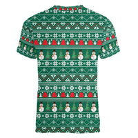 Bangladesh Christmas Women V-Neck T-Shirt with Santa Claus in Traditional Outfit Snowman and Tree Pattern - Wonder Print Shop