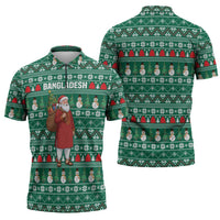 Bangladesh Christmas Zipper Polo Shirt with Santa Claus in Traditional Outfit Snowman and Tree Pattern - Wonder Print Shop