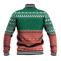 Bangladesh Christmas Baseball Jacket with Black-Capped Bird Gift Stack and Green Red Snowflake Pattern - Wonder Print Shop