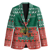 Bangladesh Christmas Blazer with Black-Capped Bird Gift Stack and Green Red Snowflake Pattern - Wonder Print Shop
