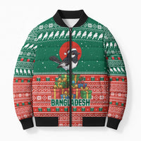 Bangladesh Christmas Bomber Puffer Jacket with Black-Capped Bird Gift Stack and Green Red Snowflake Pattern - Wonder Print Shop
