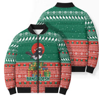 Bangladesh Christmas Bomber Puffer Jacket with Black-Capped Bird Gift Stack and Green Red Snowflake Pattern - Wonder Print Shop