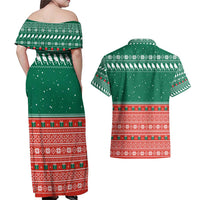 Bangladesh Christmas Couples Matching Off Shoulder Maxi Dress and Hawaiian Shirt with Black-Capped Bird Gift Stack and Green Red Snowflake Pattern - Wonder Print Shop
