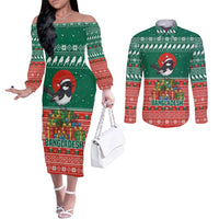 Bangladesh Christmas Couples Matching Off The Shoulder Long Sleeve Dress and Long Sleeve Button Shirt with Black-Capped Bird Gift Stack and Green Red Snowflake Pattern - Wonder Print Shop