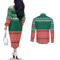 Bangladesh Christmas Couples Matching Off The Shoulder Long Sleeve Dress and Long Sleeve Button Shirt with Black-Capped Bird Gift Stack and Green Red Snowflake Pattern - Wonder Print Shop